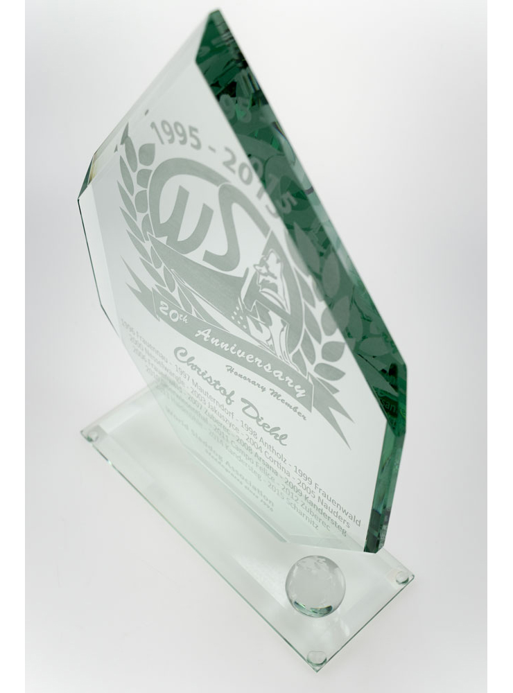 Glasgravur Award aus Glas mit Lasergravur